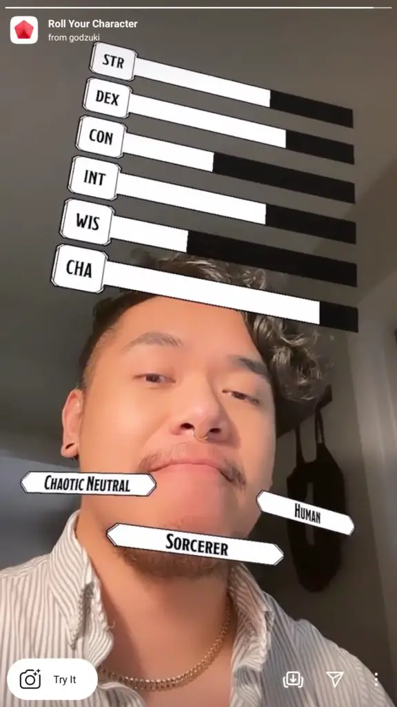 roll your character instagram filter