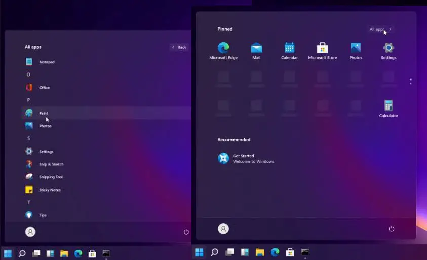 windows 11 start menu taskbar